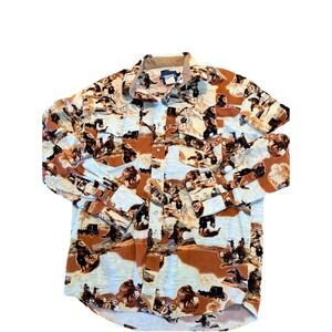 VTG Wrangler Western AOP Cowboy Print Long Sleeve Pearl Snap Shirt Size Large